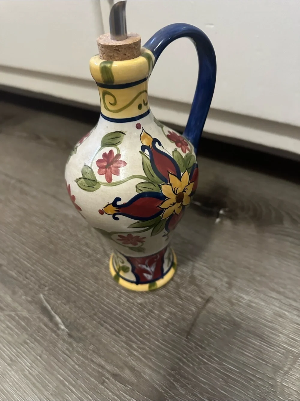 Pier 1 Multicolor Floral Ceramic Oil Cruet with Blue Handle